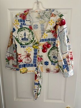 Rachel Zoe White Multi-Print Tie-Front SZ L Jacket